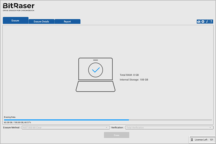 BitRaser Drive Eraser main screen on the Erasure tab and showing connected drives